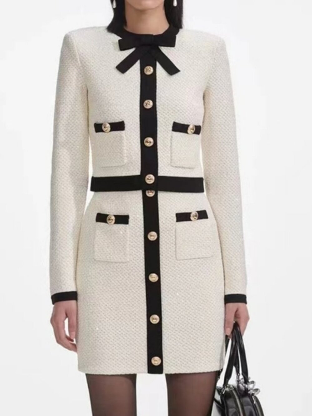 Self-portrait Sequined cotton blend bow cardigan With matching Mini Skirt